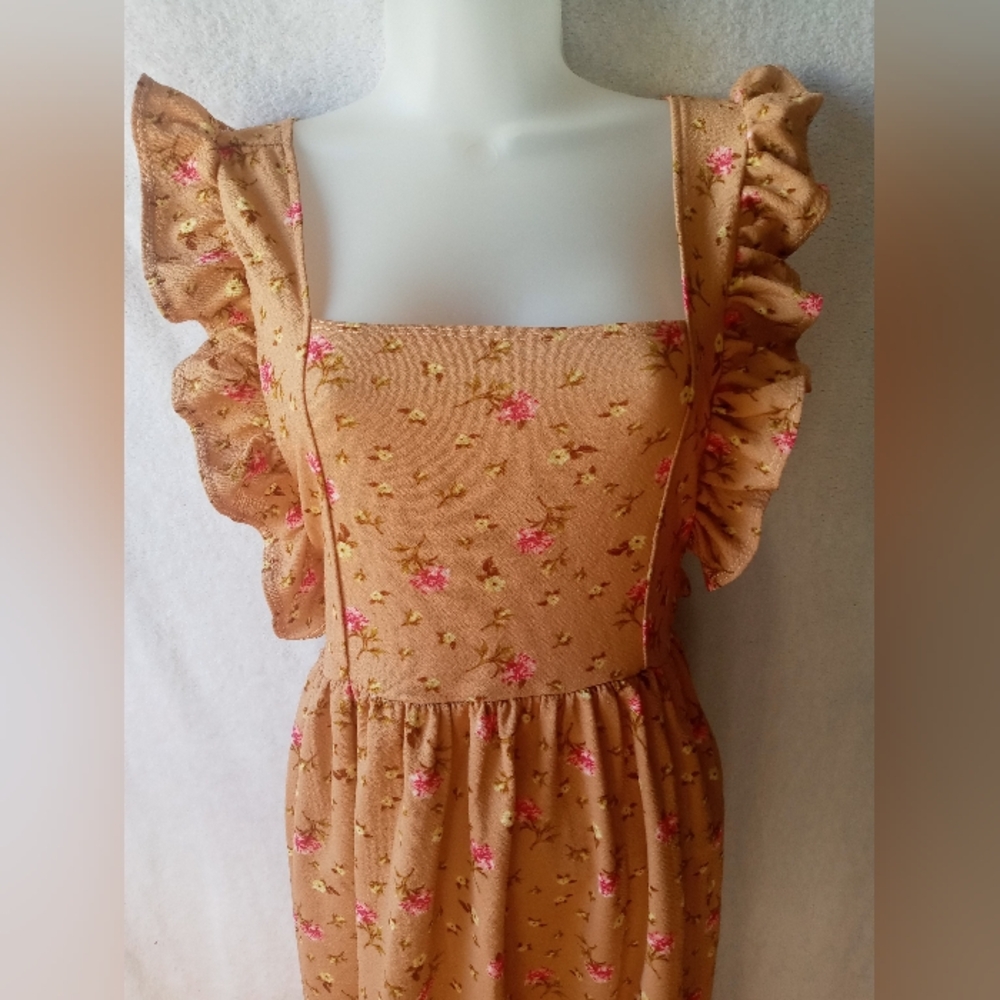 Floral Ruffle Strap Midi Dress in Brown